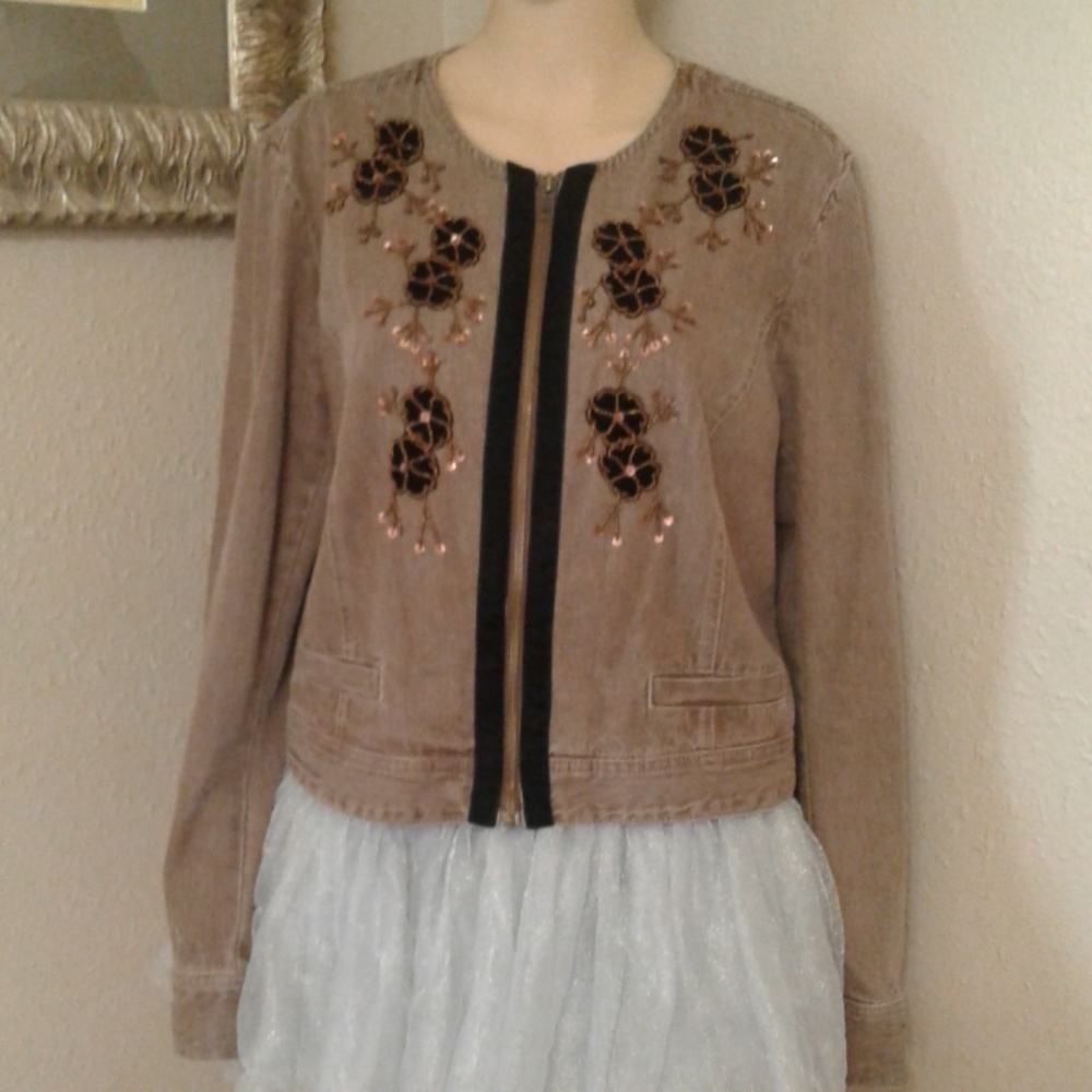 Jeanology Embellished Brown Denim Jacket Size 18